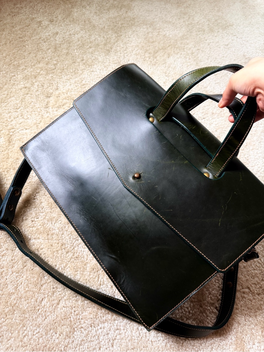 O.N.S. Men's Dark Green Leather Briefcase Bag - Classic Work Satchel